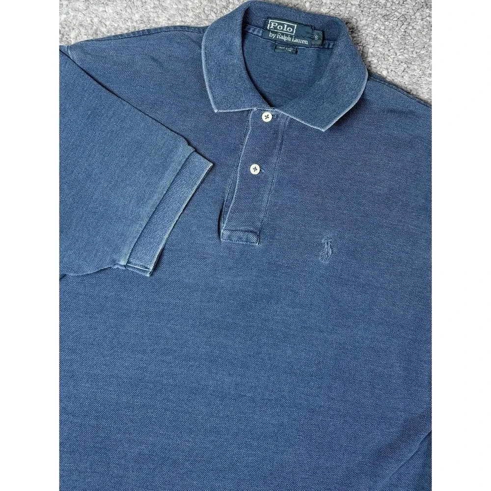 Vintage Polo Ralph Lauren Shirt Mens Small Blue Mesh Cotton Polo Ribbed Sleeve